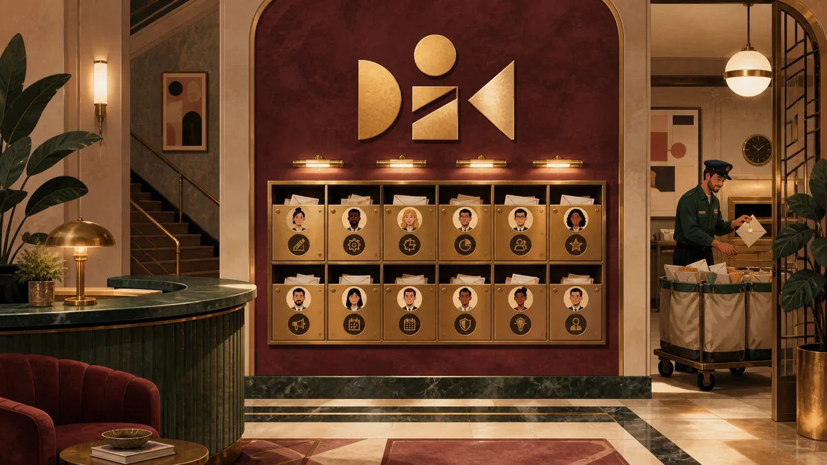Illustration showing custom-domain email as mailboxes connected to a business's own domain name.