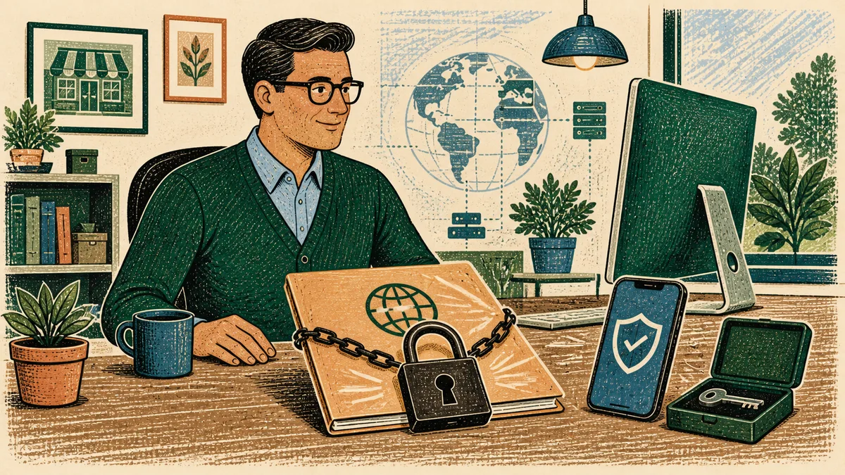 Small-business owner protecting a domain folder with a lock, secure phone and recovery key.