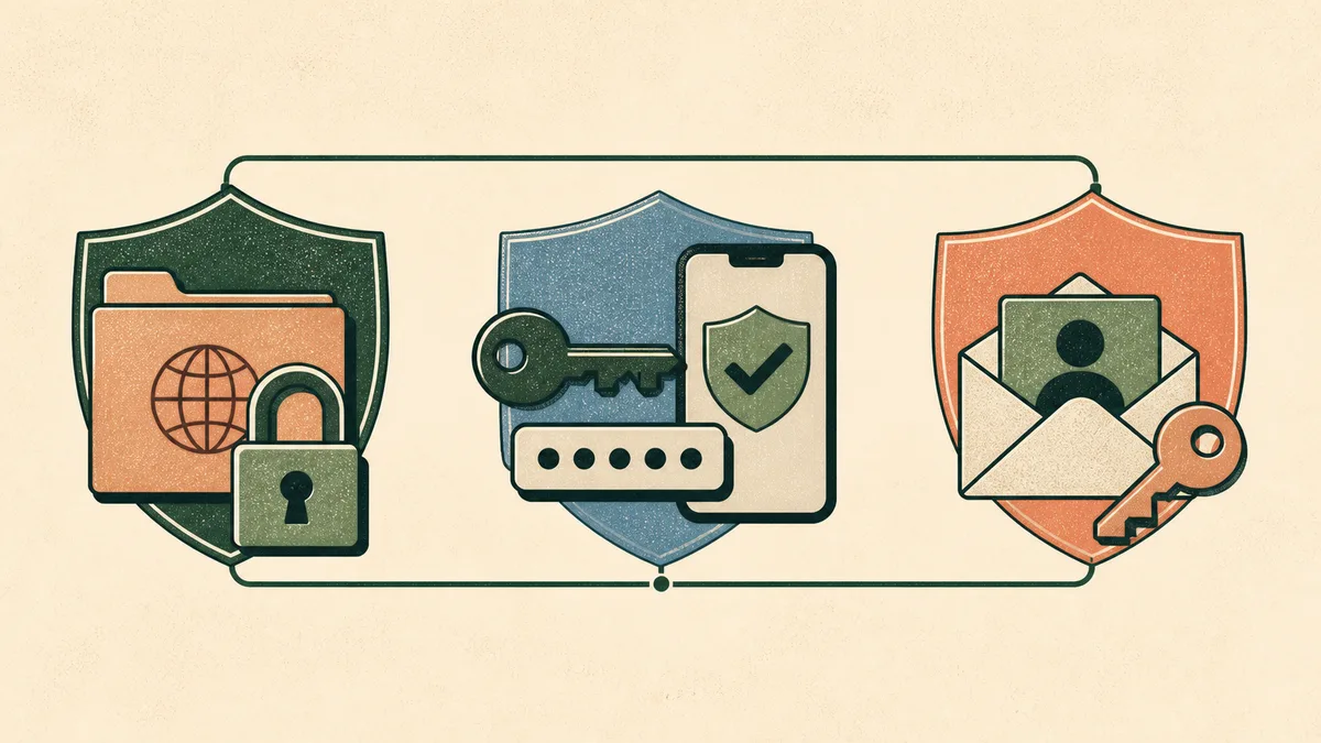 Three-layer domain security illustration showing a registrar lock, secure sign-in and protected recovery contact.