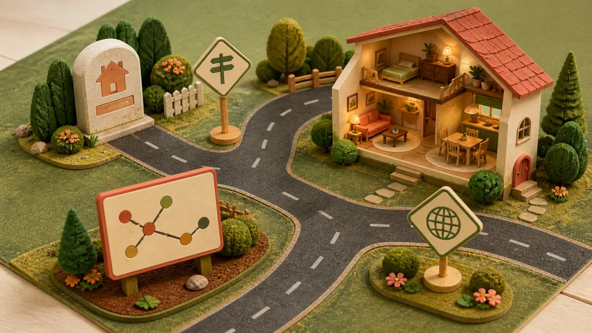 Everyday analogy showing a domain as an address, hosting as a building, a website as what is inside, and DNS as directions.